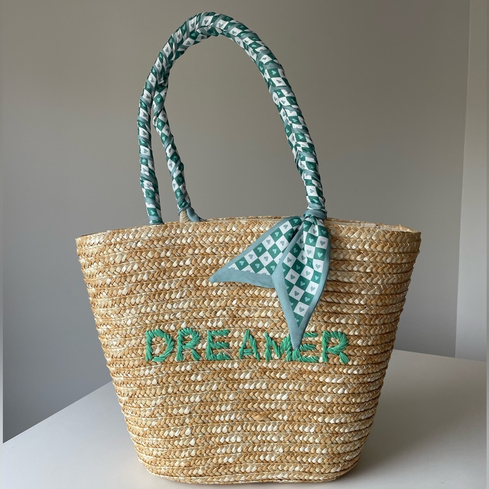NEW Straw Raffia Tote Bag with Embroidered Dreamer on Front